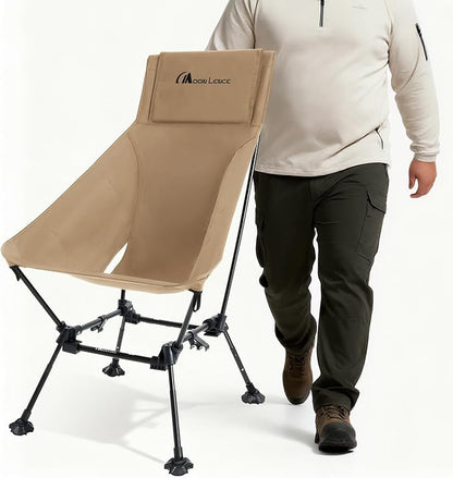 MOON LENCE Oversized Camping Chair for Adults, Height Adjustable High-Back Folding Camping Chair with 400 lbs Capacity, Hidden Pillow Pocket and Wide Seat for Camping, Hiking, Picnics, Khaki
