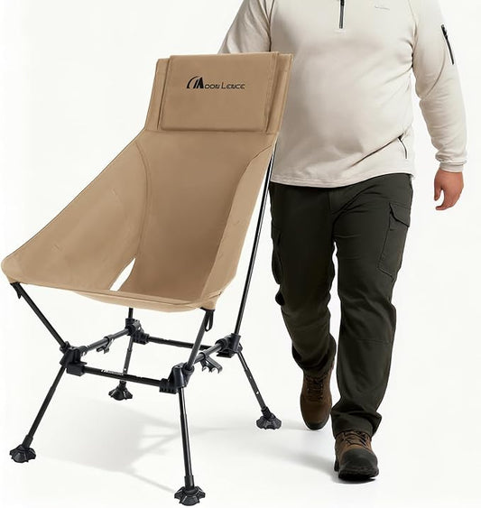 MOON LENCE Oversized Camping Chair for Adults, Height Adjustable High-Back Folding Camping Chair with 400 lbs Capacity, Hidden Pillow Pocket and Wide Seat for Camping, Hiking, Picnics, Khaki