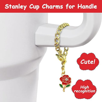 Stanley Cup Accessories Set,Including 2 Pcs 0.4in Straw Cover, 1 Silicone Spill-Proof Stopper Set of 3, 1 Cute Rose Handle Charm, 1 Silicone Boot Fits Stanley 40&30 Oz Tumbler (Chili)