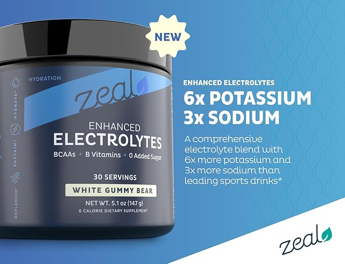 Zeal Electrolyte Powder - 90 Servings | Keto Electrolytes Powder | Zero Sugar, BCAAs, B-Vitamins | Potassium, Zinc, Magnesium | Hydration Powder Recovery Drink | White Gummy Bear