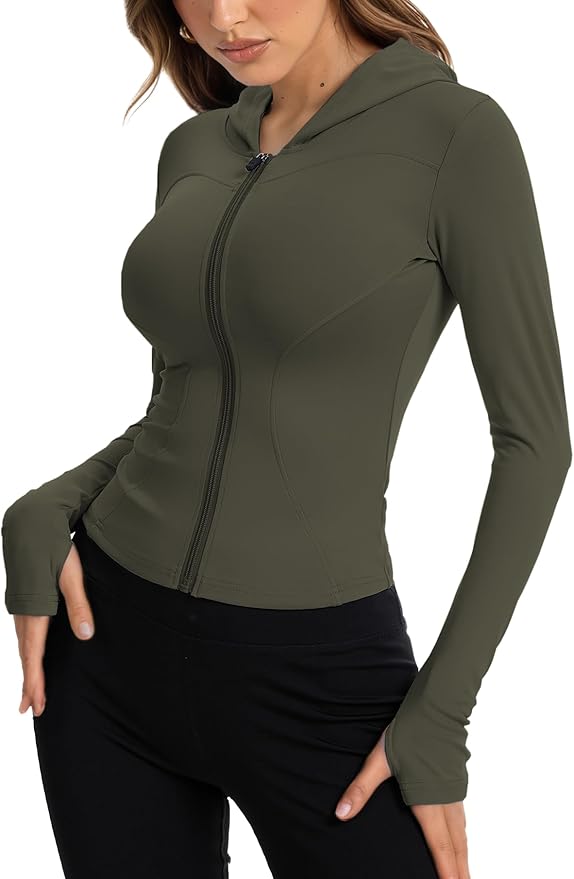 Women Bbl Jackets with Hood Compression Workout Tops Lined or Unlined Lightweight Yoga Gym Jacket with Thumb Hole