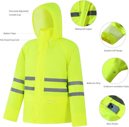 Rain Suit, High Visibility Reflective Safety Jacket, Lightweight Rain Gear, Waterproof Rain Jacket with Pants