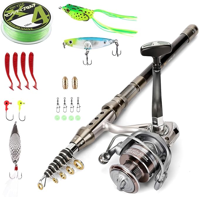Fishing Rod Telescopic Carbon Fiber Rod Combo with Spinning Reel Portable Tackle Case Fishing Line Artificial Baits and Hooks for Travel Saltwater Freshwater Fishing