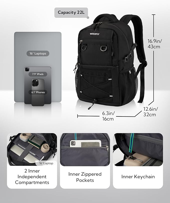 WATERFLY Travel Hiking Casual Backpack: 22L Lightweight Everyday Outdoor City Daypack College Bookbag for Women Men