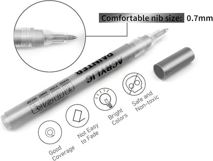 Acrylic Paint Pens Waterproof Markers 6 Silver Permanent Marker Pens Acrylic Pens for Rock Painting Glass Stone Ceramic Metal Fabric Pebble Painting pens Craft Supplies