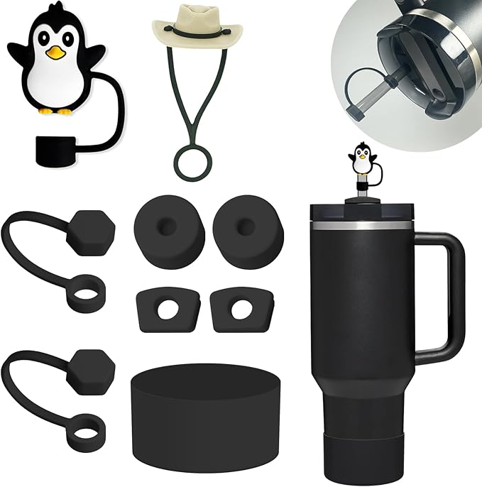 Stanley Cup Accessories Set: Silicone Spill Proof Stopper, Straw Cover Cap, Silicone Boot for 40oz & 30oz Tumbler (BLACK)