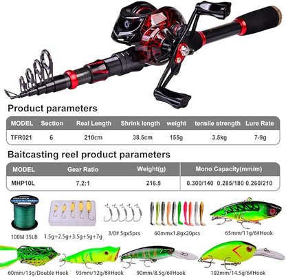 Fishing Rod and Reel Combo, 6.9ft Carbon Fiber Telescopic Fishing Pole with Spinning/Baitcasting Reel Combos, Sea Saltwater Freshwater Ice Bass Fishing Tackle Set Fishing Rods Kit