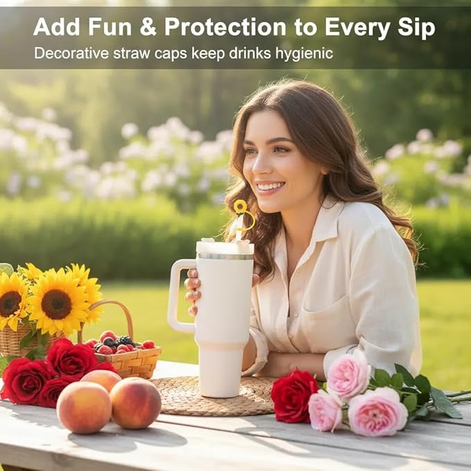 4Pcs Silicone Straw Toppers Cap for Stanley Cup 40oz –Red&Pink Rose, Orange, Sunflower, 10mm Reusable Dust-Proof Straw Covers, Water Bottle Accessories, Gift for Girl & Boy