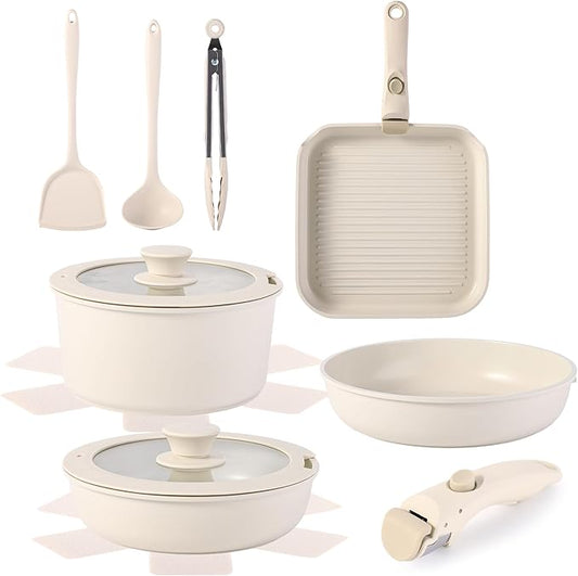 12 PCS Kitchen Cookware Set Aluminum non stick pan Removable & microwaveablewith, Induction Pot Pan Set for RV Cookware,Oven Safe, PFOA Free(White)