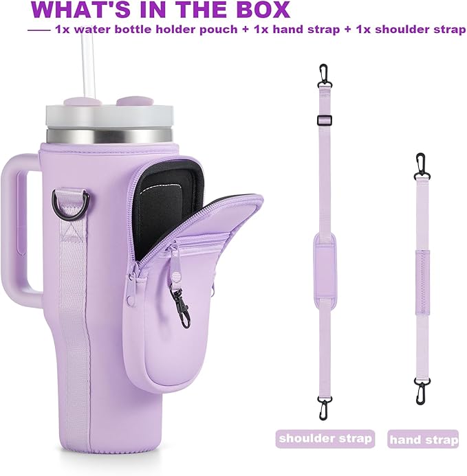 Water Bottle Carrier Bag with Phone Pocket for Stanley 40 & 30 oz Tumbler with Handle,Pink Insulated Neoprene Cup Holder Pouch w/Adjustable Strap for Quencher H2.0 Stanley Cup Accessories