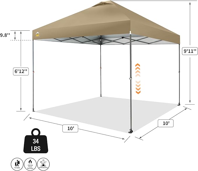 CROWN SHADES Adjustable Height on The Fly, 10x10 Pop Up Canopy - Beach Tent with One Push Setup - Easy Outdoor Sun Shade for Events, Parties, Camping - Outside Shade with STO-N-Go Bag, Khaki
