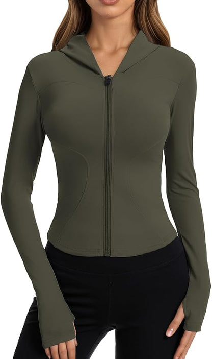 Women Bbl Jackets with Hood Compression Workout Tops Lined or Unlined Lightweight Yoga Gym Jacket with Thumb Hole