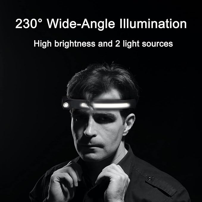 Headlamp Flashlight, 2Pack Rechargeable LED Headlamps 1200Lumens 2 COB 230°Wide Beam Headlight with Motion Sensor Bright 5 Modes Lightweight Waterproof Head Lamp for Outdoor Running, Camping Hiking