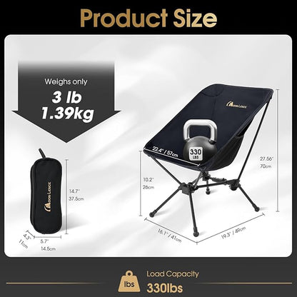 MOON LENCE Portable Camping Chair, Lightweight Folding Backpacking Hiking Chair, Plus Size Compact Yet, Support 330 lbs (Black)