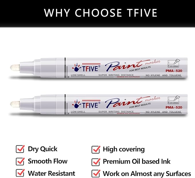 TFIVE White Permanent Paint Marker Pens - 2 Count Oil Based Marker Pen, Medium Tip, Waterproof & Quick Dry, for Office, Art projects, Rock Painting, Ceramic, Glass, Wood, Plastic, Metal, Canvas