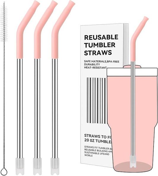 Reusable Metal Straws with Silicone Tip for Stanley 20oz,Stainless Steel Drinking Straws for 20oz Tumbler,3 Straight Tubes & 6 Tips& 1 Cleanr Brush(Rose Quartz)