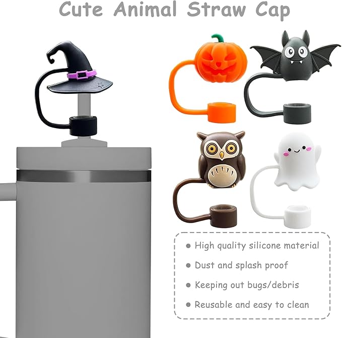 5 Pcs 0.4in Straw Cover for Stanley Cup, Silicone Straw Topper Set for 30&40oz Stanley Tumble, Fit for 10mm/0.4in Straws (Halloween)