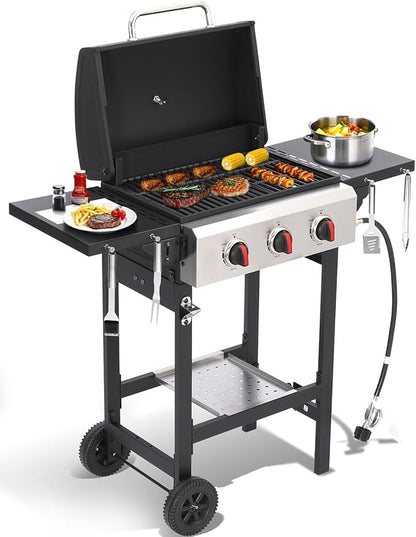 Propane Gas Grill with Folding Side Tables, 3-Burner Gas Grill with Cast Iron Grates and Stainless Steel Griddle Pan, Outdoor BBQ Grill Portable with Wheels 30000 BTU Output
