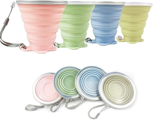 JBER Silicone Collapsible Travel Cup, 4 Pack Silicone Folding Camping Cup with Lids Expandable Drinking Cup for Outdoor Hiking Travel (Olive & Pink & Green & Blue)
