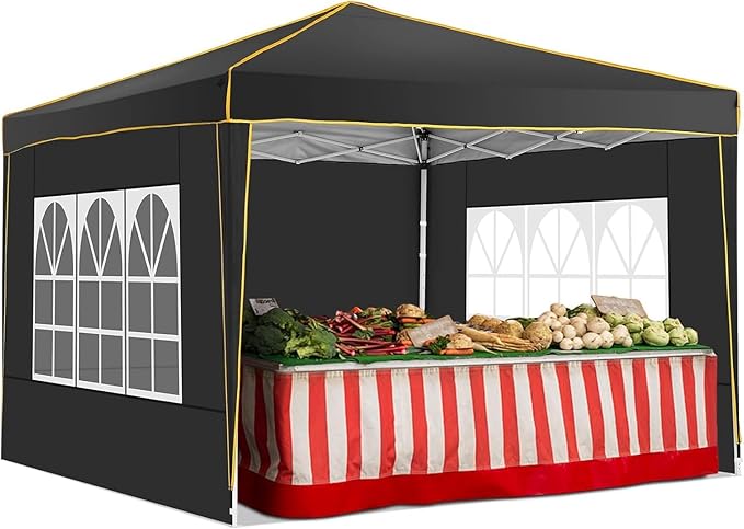 COBIZI 10x10 Pop Up Canopy with 4 Sidewalls, Easy up Canopy for Events, Sports, Beach, Party, Outdoor Party Canopies with 4 Weight Bags, Stakes x4, Ropes x4, Black