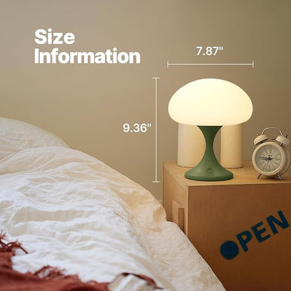 Mushroom Lamp, 5W LED Cordless Rechargeable Table Lamp with Glass Shade, Small Retro Dimmable Touch Light with 3 Color Temps, Aesthetic Mid Century Bedside Light for Bedroom Ambient, Green