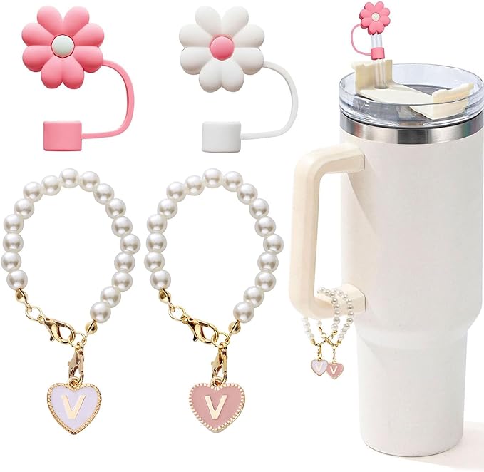 Charms for Stanley Cup，2pcs Pearl Chain for Stanley Cup Accessories Initial Letter Charms Handle with 2pcs Straw covers Stuff Decor Water Bottle Jewelry Tumbler Personalized Decorations Tag V