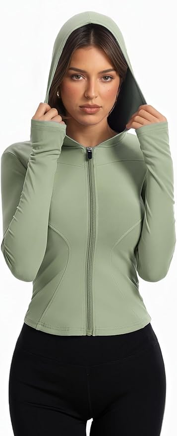 Women Bbl Jackets with Hood Compression Workout Tops Lined or Unlined Lightweight Yoga Gym Jacket with Thumb Hole
