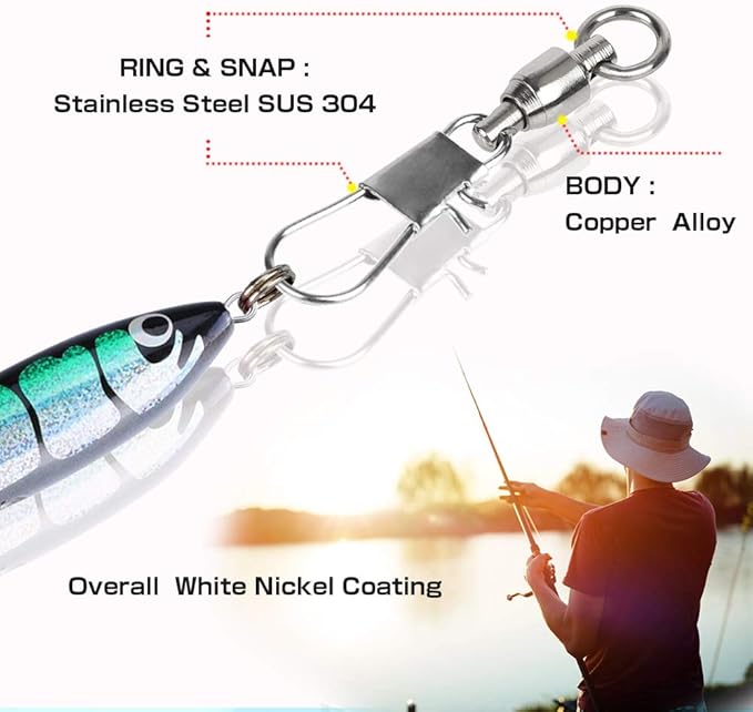AMYSPORTS Fishing Swivels with Interlock Snap Ball Bearing Swivels Fishing Snap Swivels Saltwater Freshwater Fishing Tackle Leader Lure Jigs Line Fishing Connector