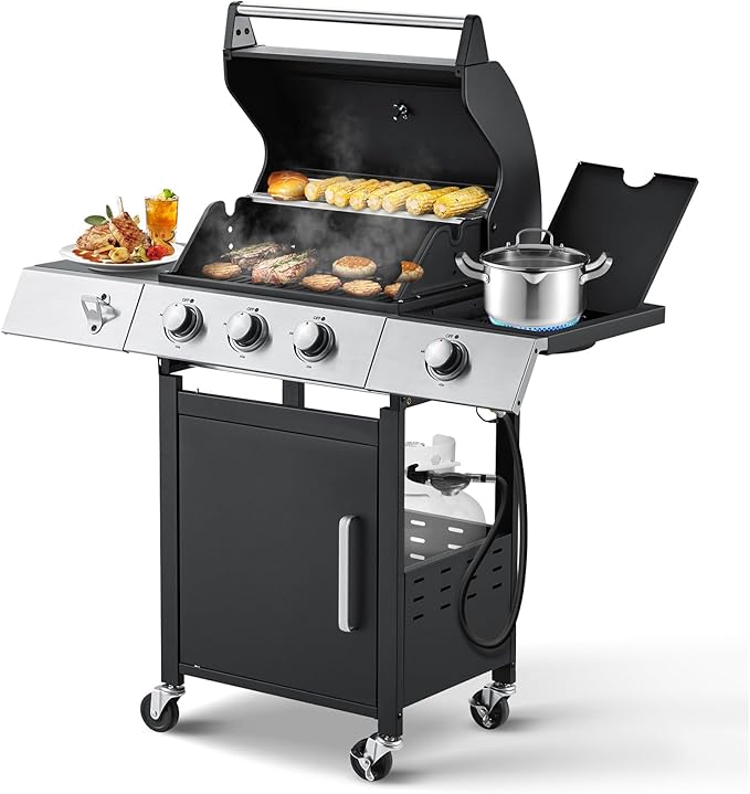 MELLCOM Upgraded 36,000 BTU Stainless Steel Burner Propane Grill, 3 Burner BBQ Barbecue Gas Grill with Cast Iron Grates & Side Stove for Patio, Camping, Outdoor Cooking