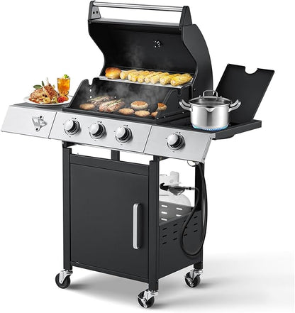 MELLCOM Upgraded 36,000 BTU Stainless Steel Burner Propane Grill, 3 Burner BBQ Barbecue Gas Grill with Cast Iron Grates & Side Stove for Patio, Camping, Outdoor Cooking