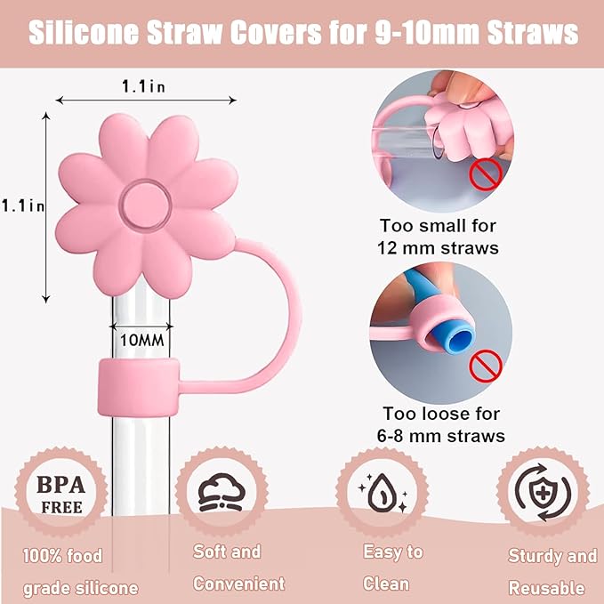 8PCS Silicone Straw Covers Toppers for Stanley Cups 30&40 Oz Tumbler Accessories Flower Straw Caps Pink Blue Dust-Proof Reusable Straws Tips Protectors for Stanley Cup 10mm 0.4in Straws