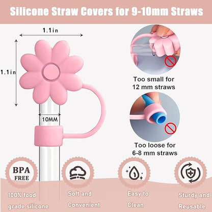8PCS Silicone Straw Covers Toppers for Stanley Cups 30&40 Oz Tumbler Accessories Flower Straw Caps Pink Blue Dust-Proof Reusable Straws Tips Protectors for Stanley Cup 10mm 0.4in Straws