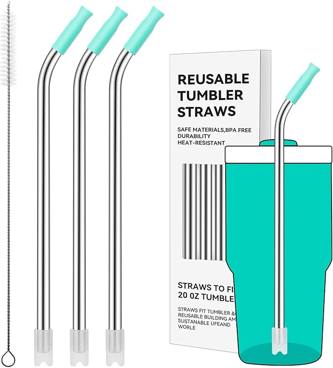 Reusable Metal Straws with Silicone Tip for Stanley 20oz,Stainless Steel Drinking Straws for 20oz Tumbler,3 Bent Tubes & 6 Tips& 1 Cleanr Brush(Tropical Teal)