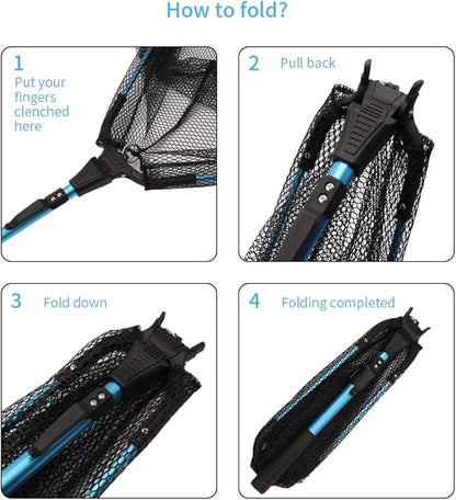 YVLEEN Folding Fishing Net - Foldable Fish Landing Net Robust Aluminum Telescopic Pole Handle and Nylon Mesh 16inch Hoop Size