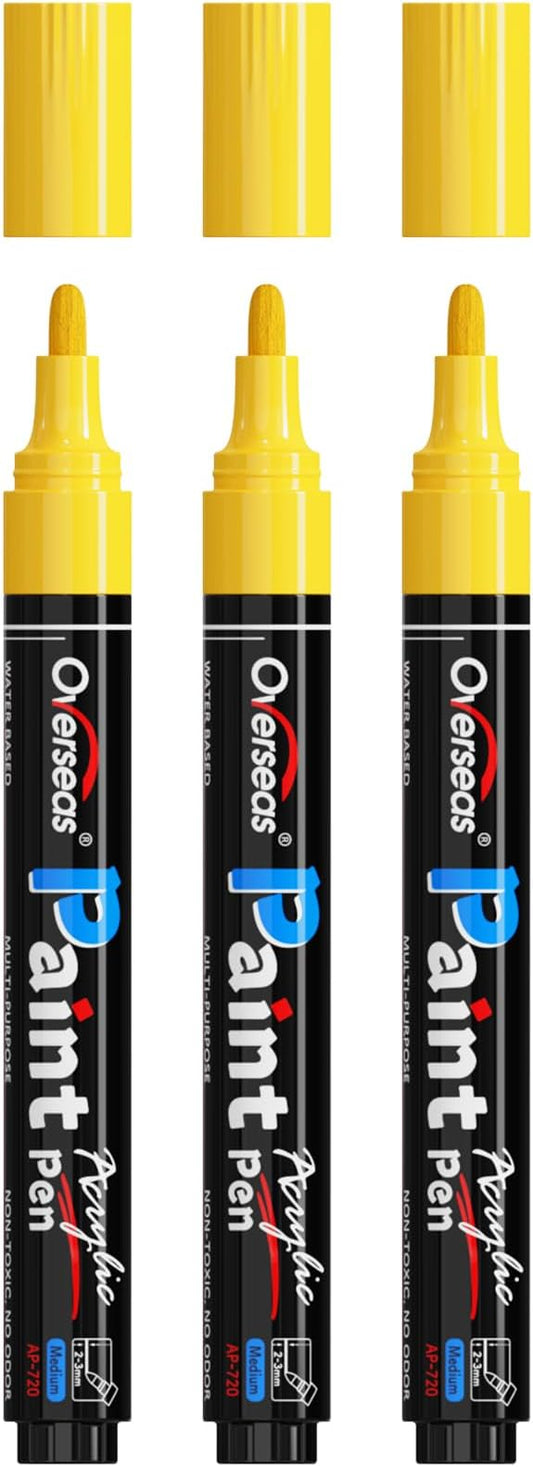 Overseas Yellow Paint Pens Paint Markers - Permanent Acrylic Markers 3 Pack, Water Based, Quick Dry, Waterproof Marker Pen for Rock, Wood, Plastic, Metal, Canvas, Glass, Fabric, Mugs. Medium Tip