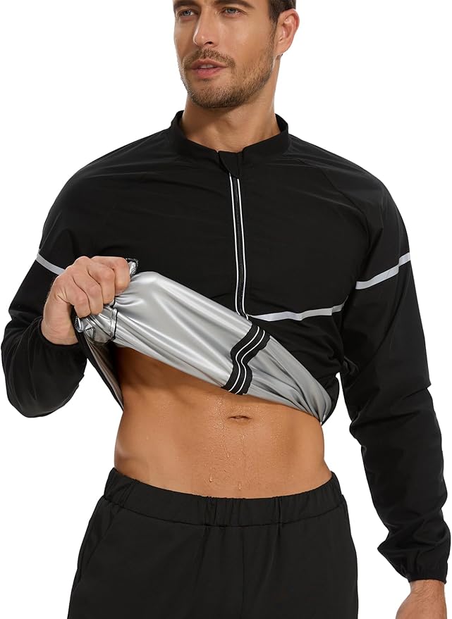 NINGMI Sauna Suit for Men Sweat - Long Sleeve Shirt Jacket Workout Body Shaper Zipper Top Slimming Fitness Trainer Gym