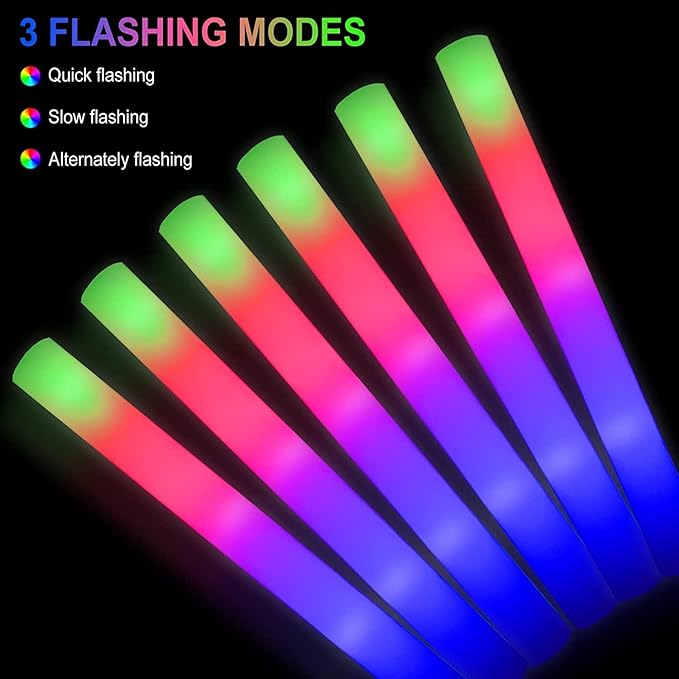 100 + 11 Pack Foam Glow Sticks Bulk Party Pack,Party Favors Supplies,3 Flashing Modes Glow In The Dark Party Supplies,Light Up Foam Sticks for Wendding Raves Camping Outdoor