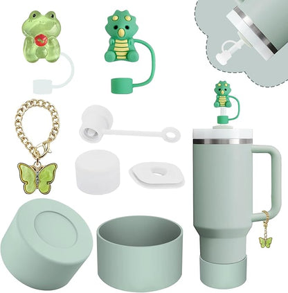 Stanley Cup Accessories Set,Including 2 Pcs 0.4in Straw Cover, 1 Silicone Spill-Proof Stopper, 1 Cute Handle Charm, 1 Silicone Boot Fits Stanley 40&30 Oz Tumbler (Eucalyptus Green)