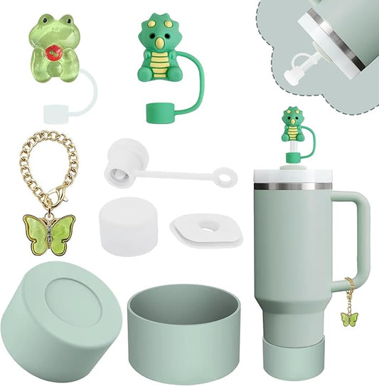 Stanley Cup Accessories Set,Including 2 Pcs 0.4in Straw Cover, 1 Silicone Spill-Proof Stopper, 1 Cute Handle Charm, 1 Silicone Boot Fits Stanley 40&30 Oz Tumbler (Eucalyptus Green)