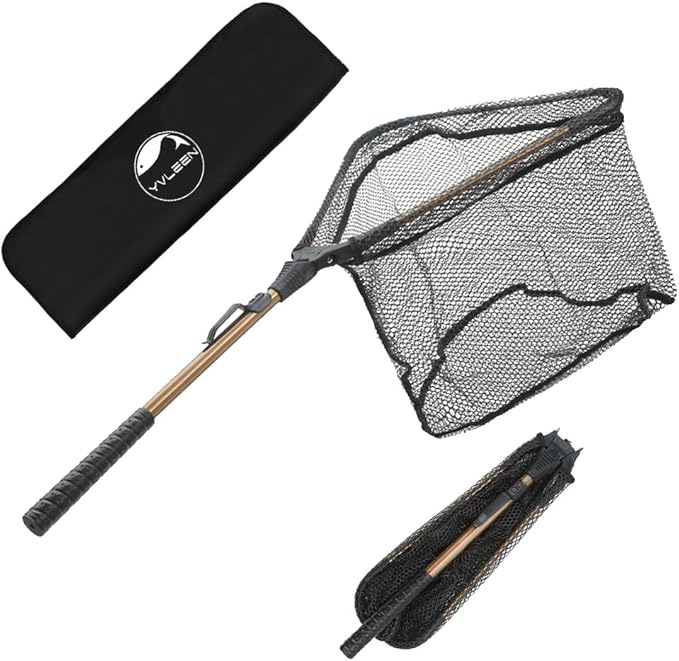 YVLEEN Folding Fishing Net - Foldable Fish Landing Net Robust Aluminum Telescopic Pole Handle and Nylon Mesh 16inch Hoop Size
