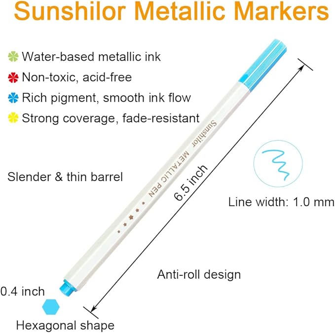 Sunshilor Metallic Markers Fine Point Metallic Marker Pens for Black Paper, Rock Painting, Easter Egg, Halloween Pumpkin, Card Making, Metal, Ceramic, Wine Glass, Set of 12