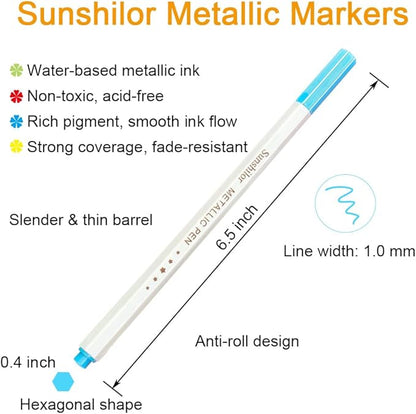 Sunshilor Metallic Markers Fine Point Metallic Marker Pens for Black Paper, Rock Painting, Easter Egg, Halloween Pumpkin, Card Making, Metal, Ceramic, Wine Glass, Set of 12