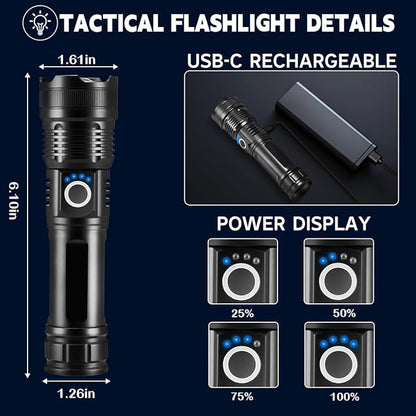 3Pack Rechargeable Flashlights High Lumens, 5Modes LED Flashlight Rechargeable, Super Bright Flashlight High Powered, Adjustable Tactical Flashlight, Powerful Flash Light for Home Emergencies