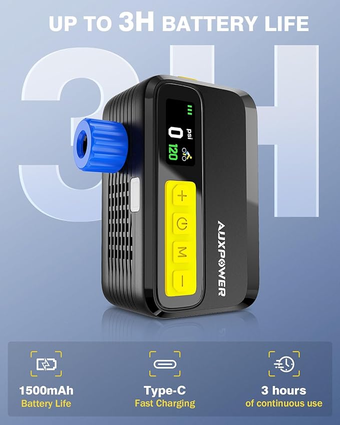 Auxpower 2026 Upgrade 1500mAh Bike Pump 120PSI Fast Inflation Electric Bike Tire Pump with Brushless Motor Mini Powerful Bike Pump 4 Preset Modes for All Bikes and Sport Balls