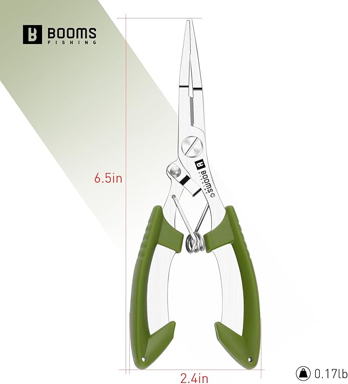 Booms Fishing H01 Small Fishing Pliers Scissors Braid Cutters Lightweight Stainless Steel Fishing Tools Split Ring Pliers Hook Remover, Green