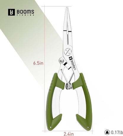 Booms Fishing H01 Small Fishing Pliers Scissors Braid Cutters Lightweight Stainless Steel Fishing Tools Split Ring Pliers Hook Remover, Green