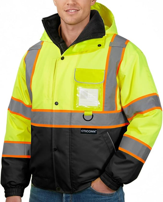 TICONN Waterproof Safety Bomber Jacket, Hi Vis Reflective Rain Jacket, ANSI Class 3 Work Rain Coat for Men Women