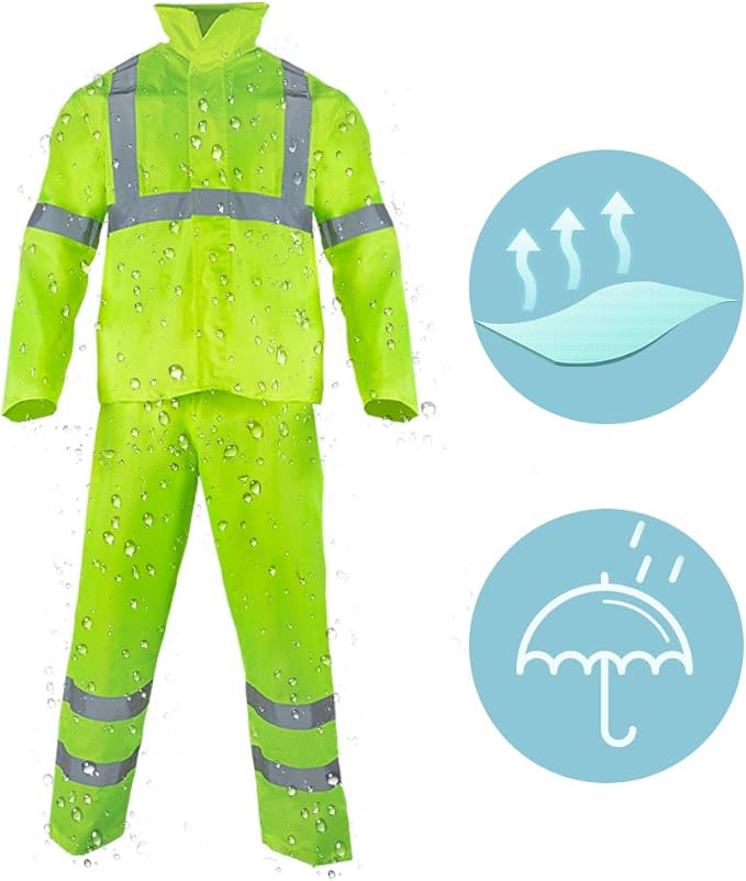 FONIRRA Class 3 High Visibility Rain Suit With Collapsible Hood Lime Reflective Safety Waterproof Worker Jacket & Pants (4XL/5XL Yellow)
