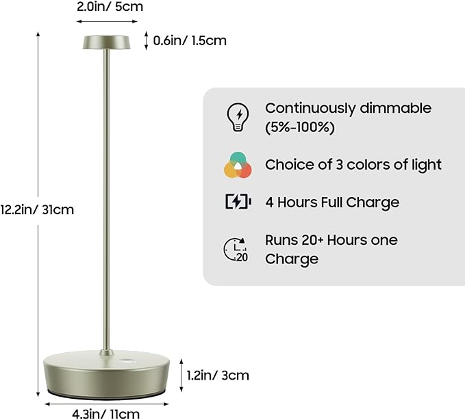 2Pack Cordless LED Table Lamp，Rechargeable Battery Desk Lamps, 3 Color Stepless Dimmable Metal Battery Table Lamps, Portable Table Light for Indoor/Outdoor/Restaurants/Bedroom/Bar