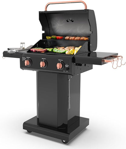 Kenmore 3-Burner Gas Grill | Foldable Side Tables, Cast Iron Cooking Grates, Warming Rack, Hooks for BBQ Grilling Tools, Propane Gas Barbecue Grill, 30,000 BTUs, Black with Copper Accent